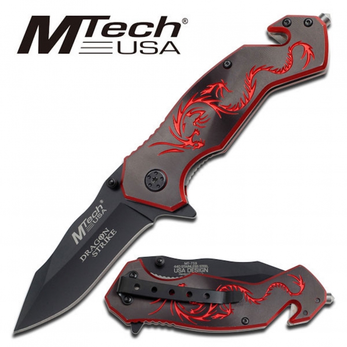Mtech MT759BR Black Cd Finish Handle Red Dragon Folder Rescue 12cm