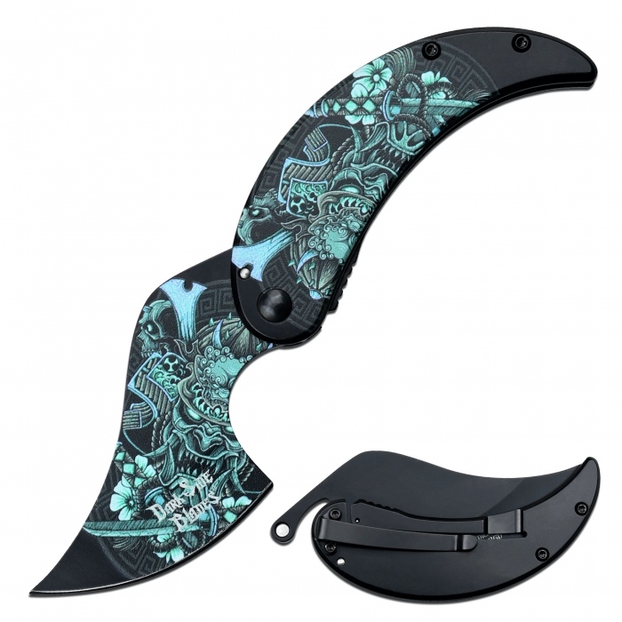 Black Green Stainless Steel Embossed Handle Folding Knife DS092GN 8cm