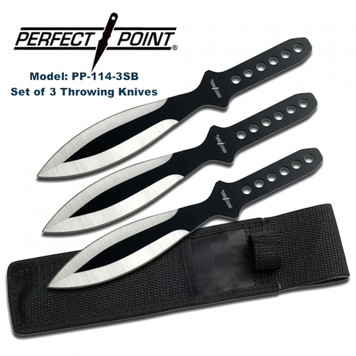 Perfect Point Satin Black Blade Set Of 3 Throwing Knives PP1143SB 23cm