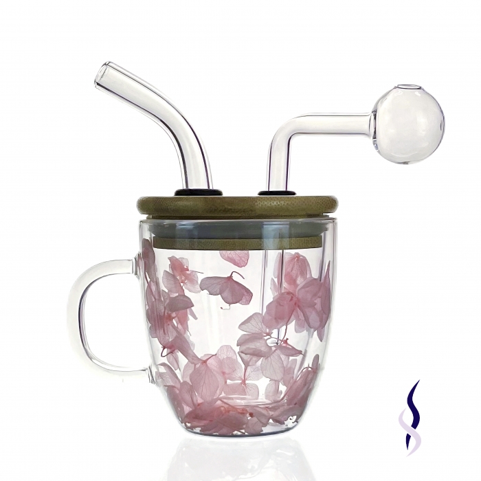 Glass Cup With Handle Multiple Usage Water Pipe Pink Petals