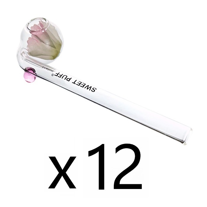 Dozen Pack White Flower Pink Balancer Clear SWEET PUFF Glass Pipe 13cm